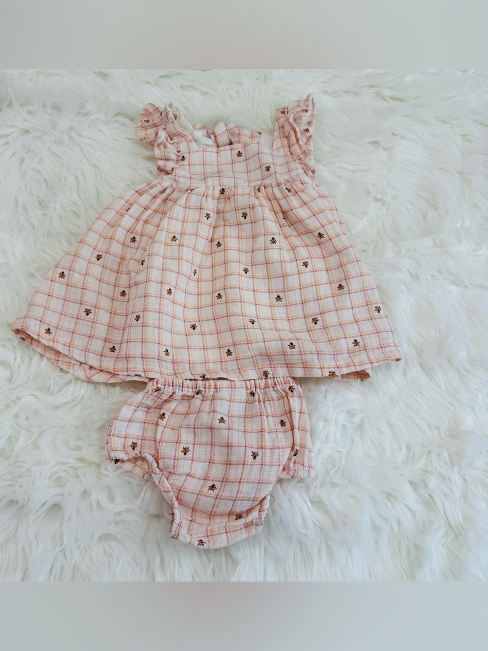 Nordstrom Baby Girl Dress & Bloomer Set 3 Months Pink Plaid Ladybug Flutter Slee